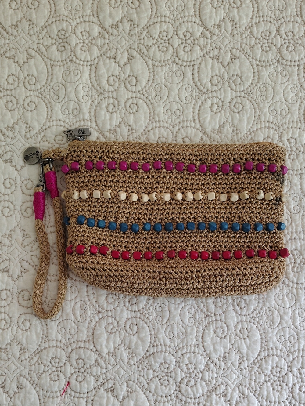 The Sak Sayulita Crochet Wristlet Pouch Purse Boho Wooden Beads Pink Blue - Picture 3 of 15